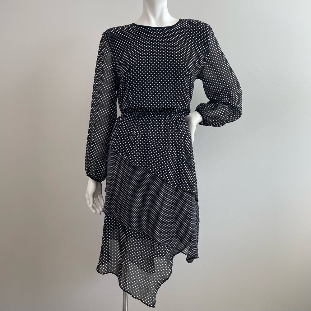 DKNY Black & White Polka Dot Long Sleeve Handkerchief Hem Career Dress